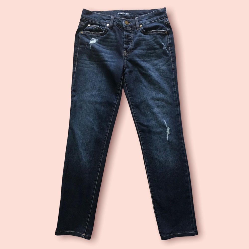 Level 99 Morgan Slouchy Straight Denim Distressed Button Fly Jean.  Size 24/00.